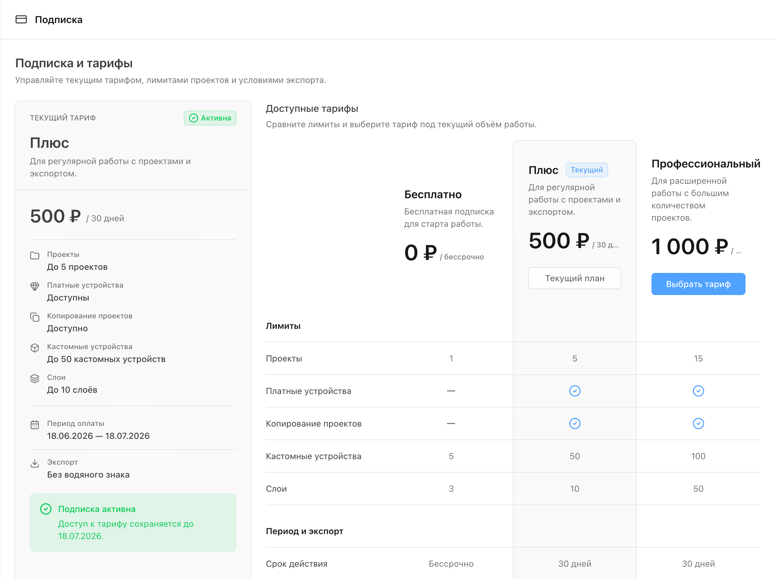 Страница подписки PowerSketch со сравнением Бесплатного, Plus и Профессионального тарифов
