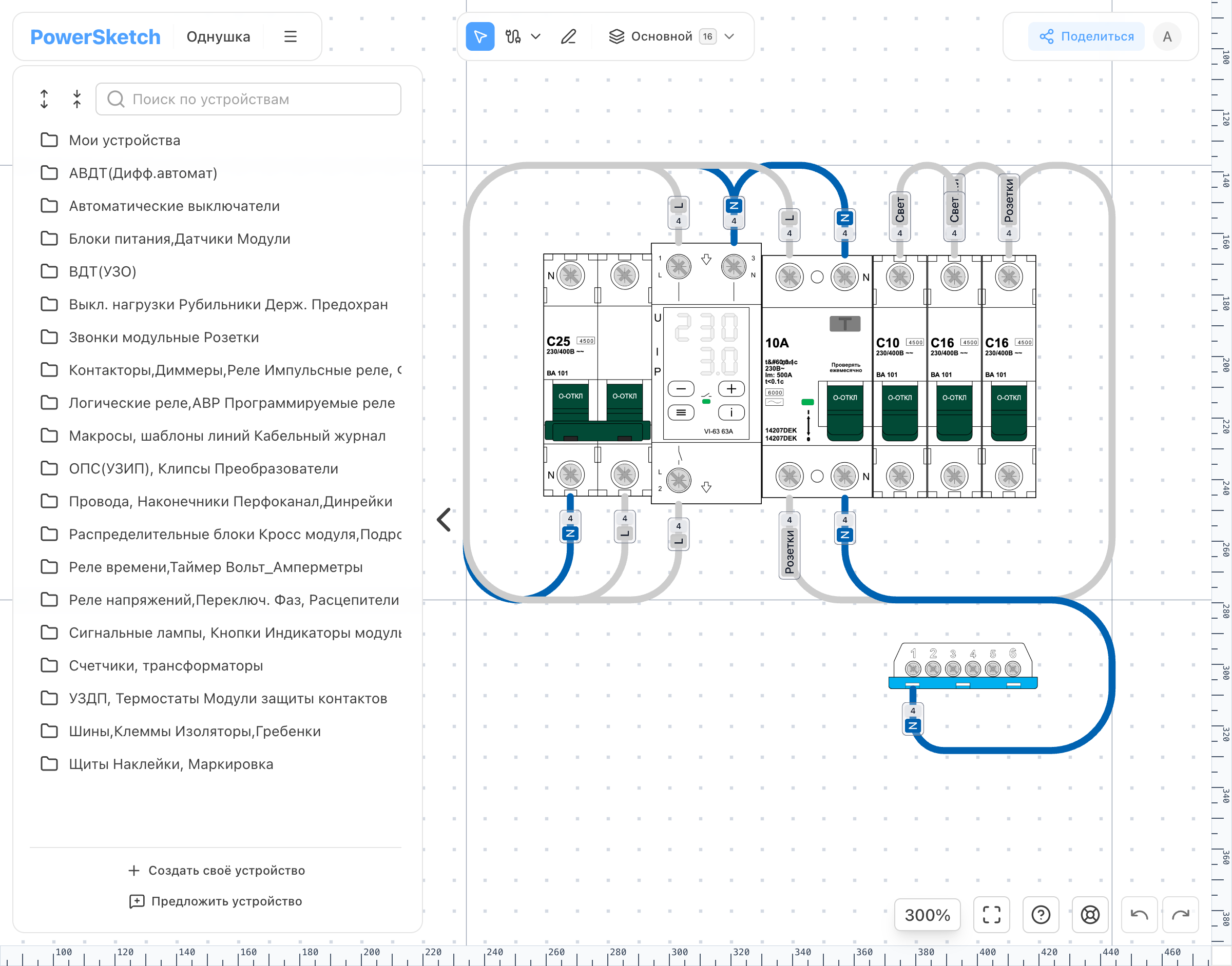 Редактор PowerSketch со схемой электрического щита, устройствами и соединительными проводами