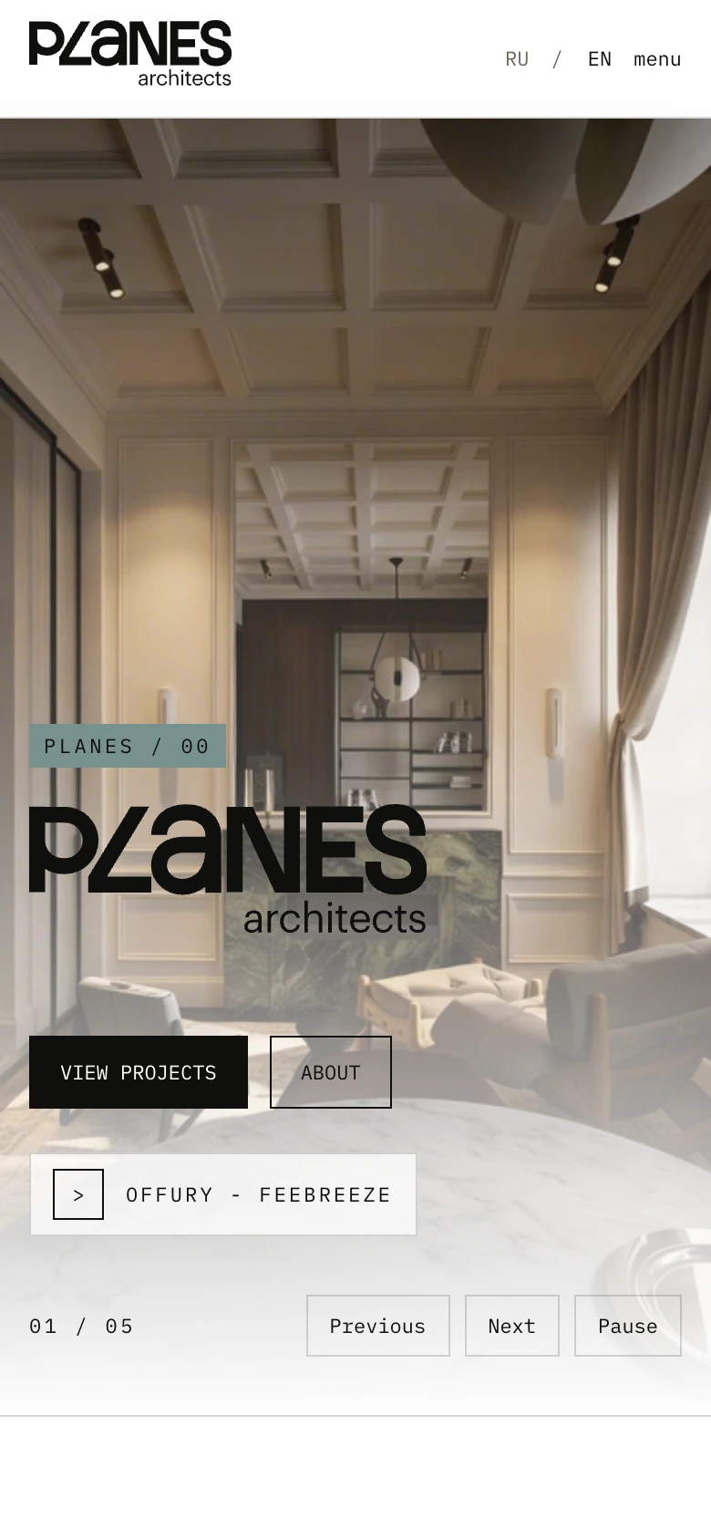 Mobile version of the PLANES architects home page