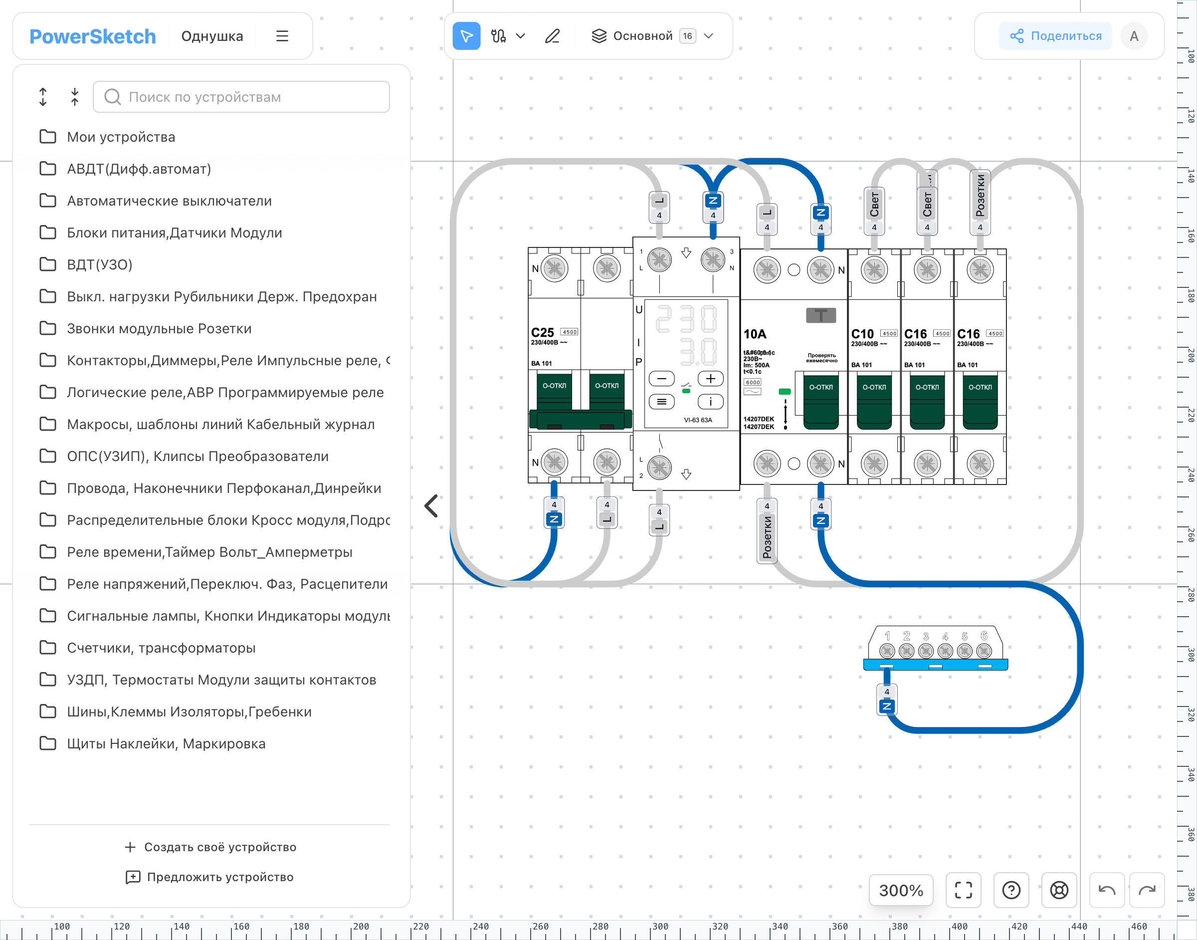 Редактор PowerSketch со схемой электрического щита, устройствами и соединительными проводами